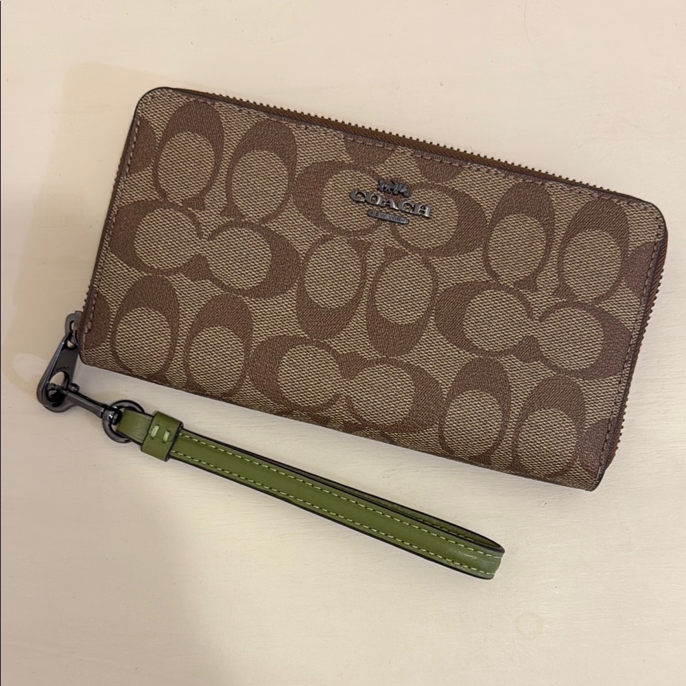 Coach Signature Brown Wallet with Green Strap